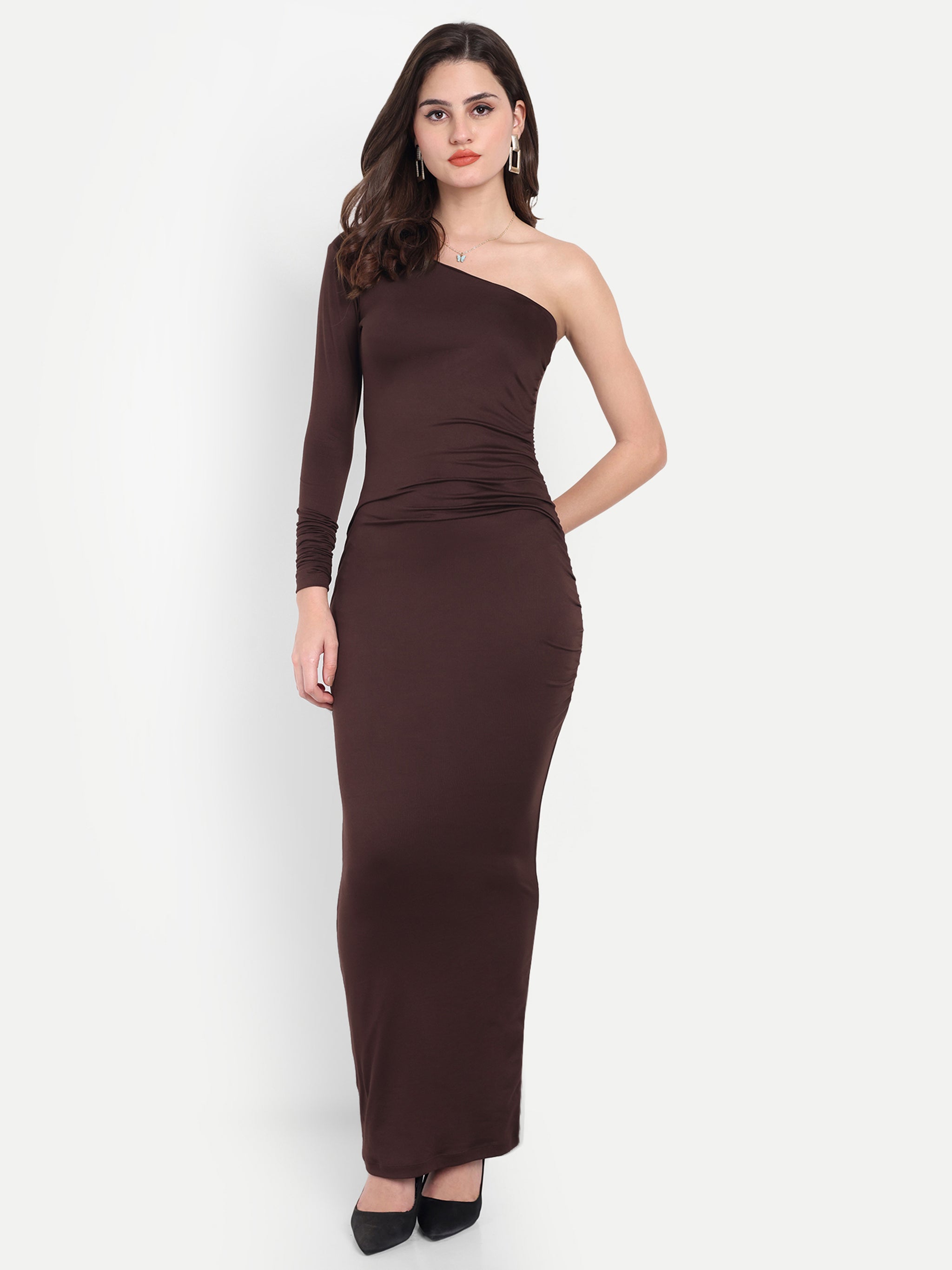 One Shoulder Ruched Dress Brown