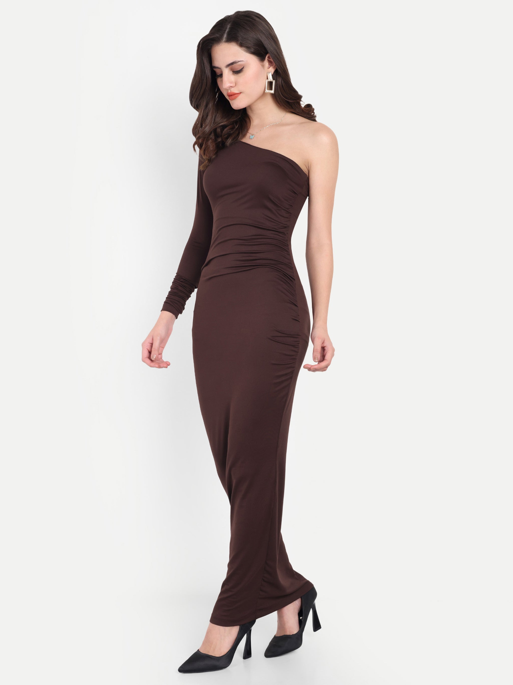 One Shoulder Ruched Dress Brown