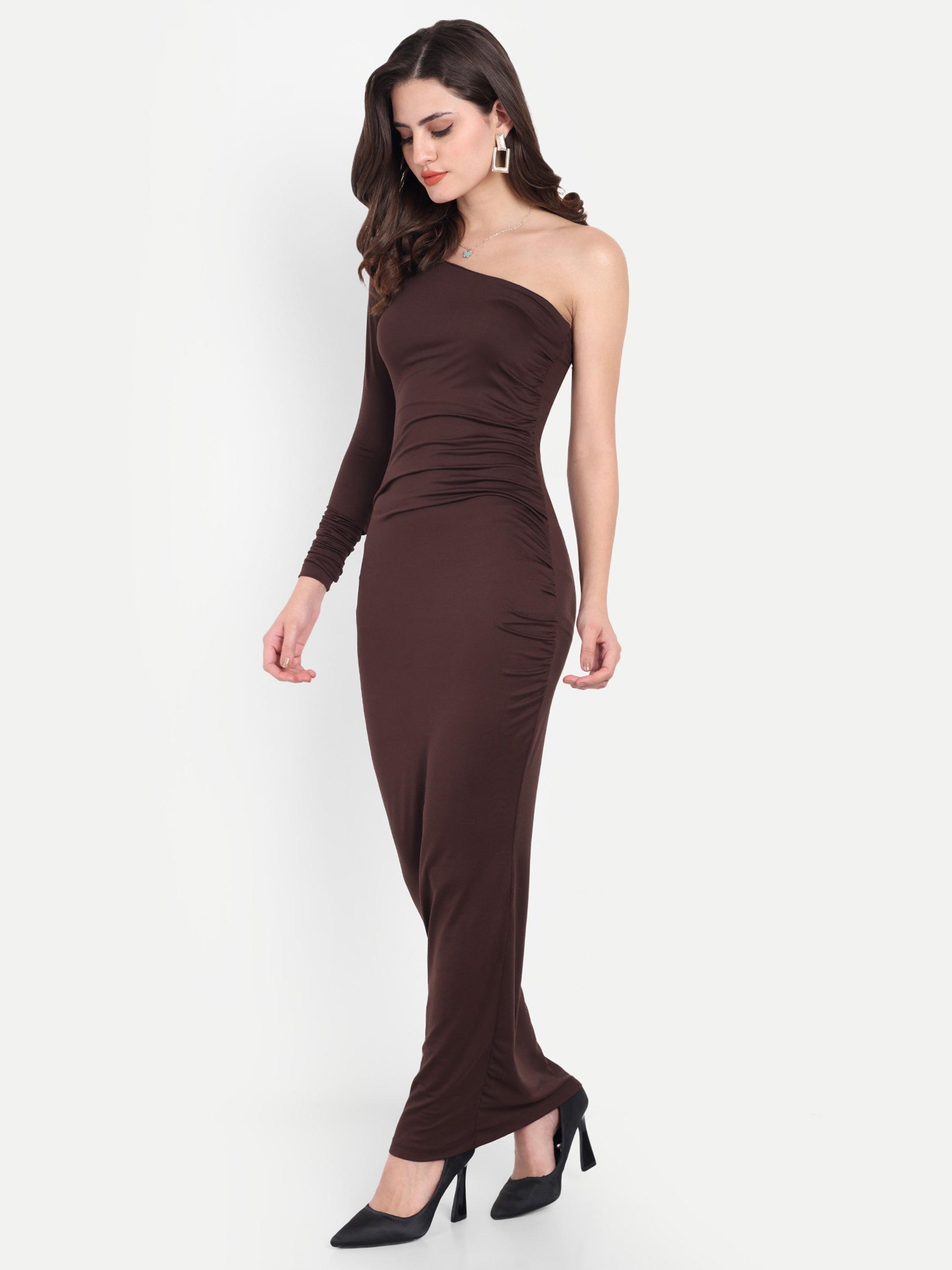 One Shoulder Ruched Dress Brown
