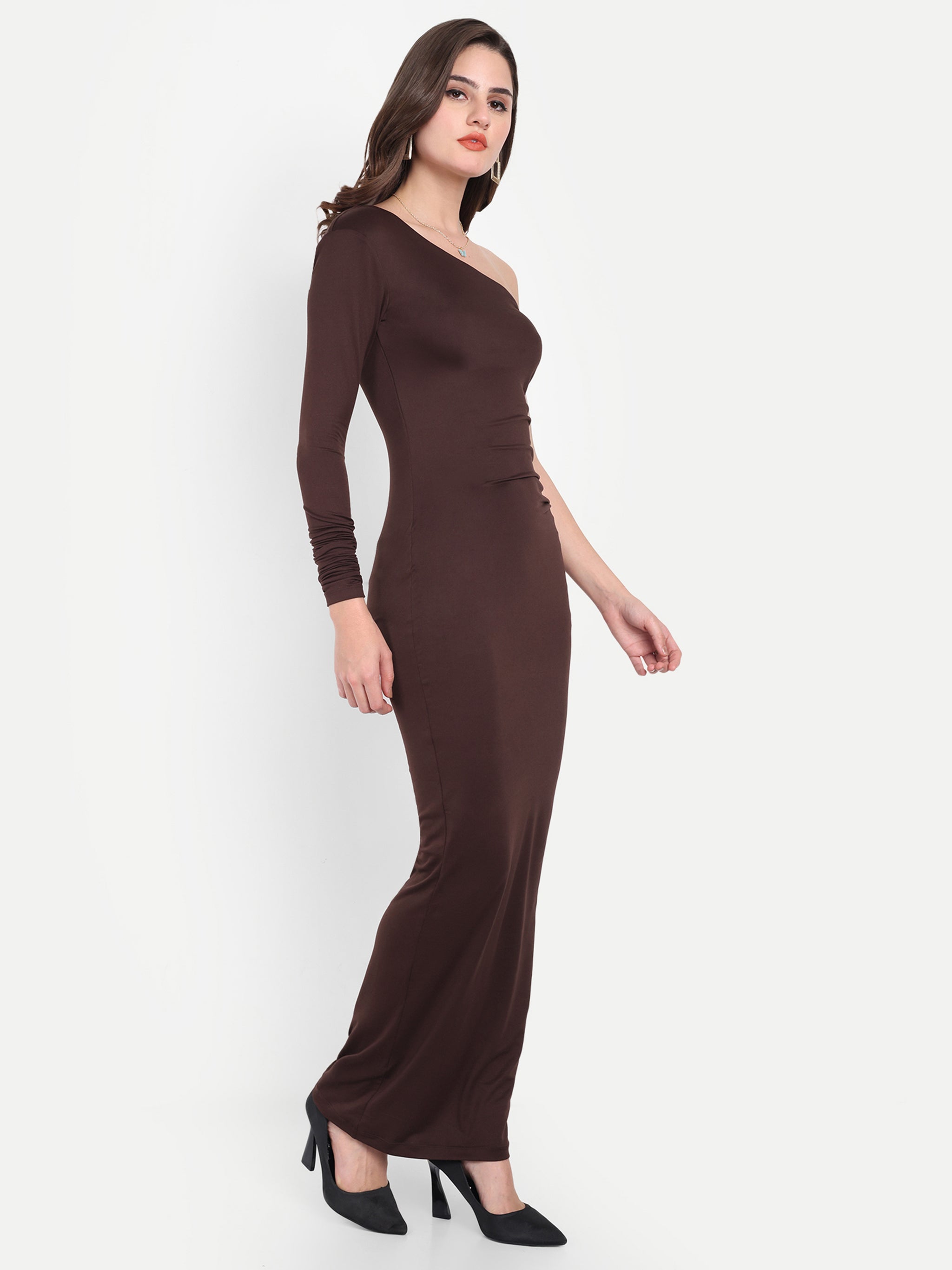 One Shoulder Ruched Dress Brown