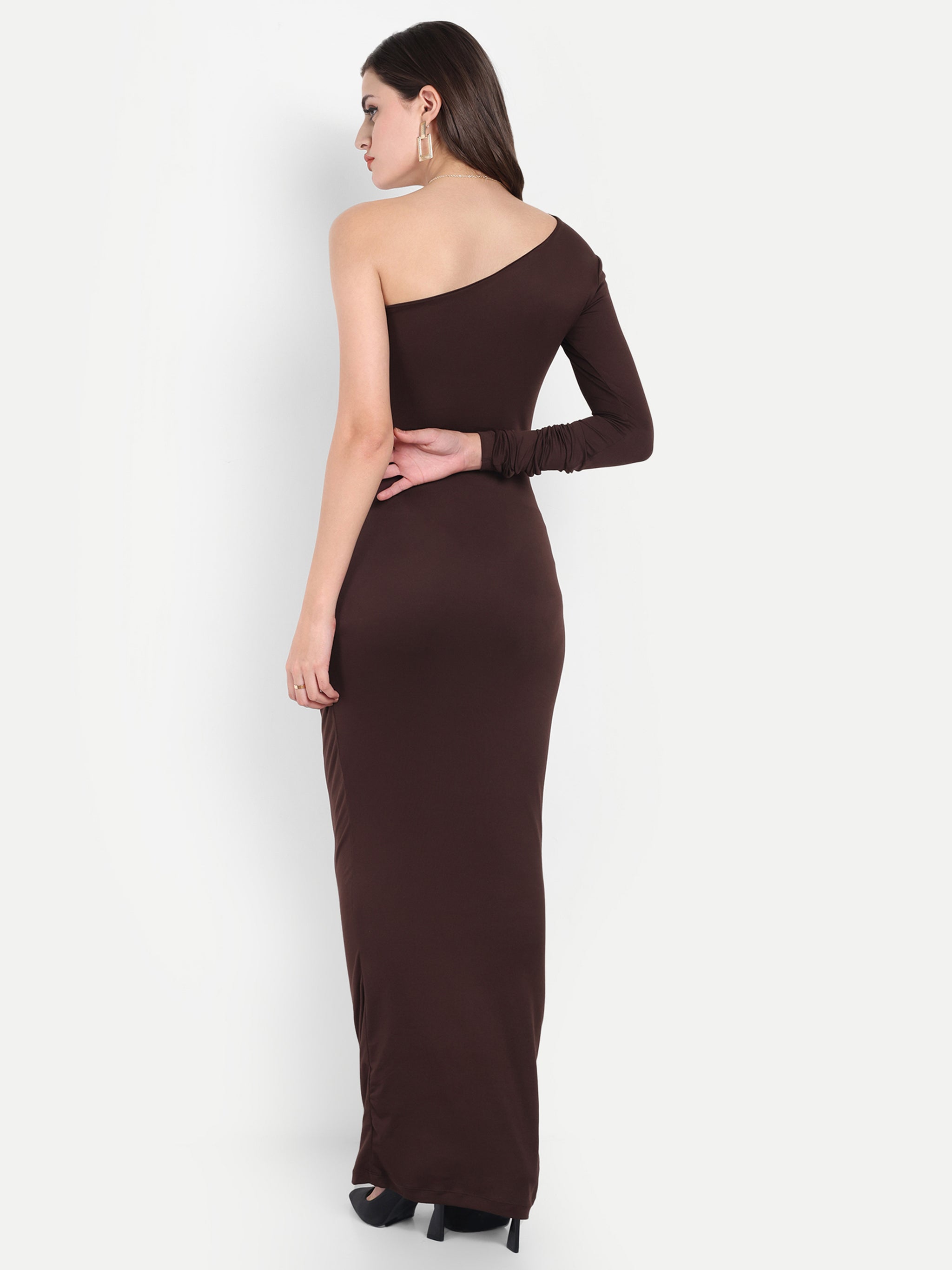 One Shoulder Ruched Dress Brown