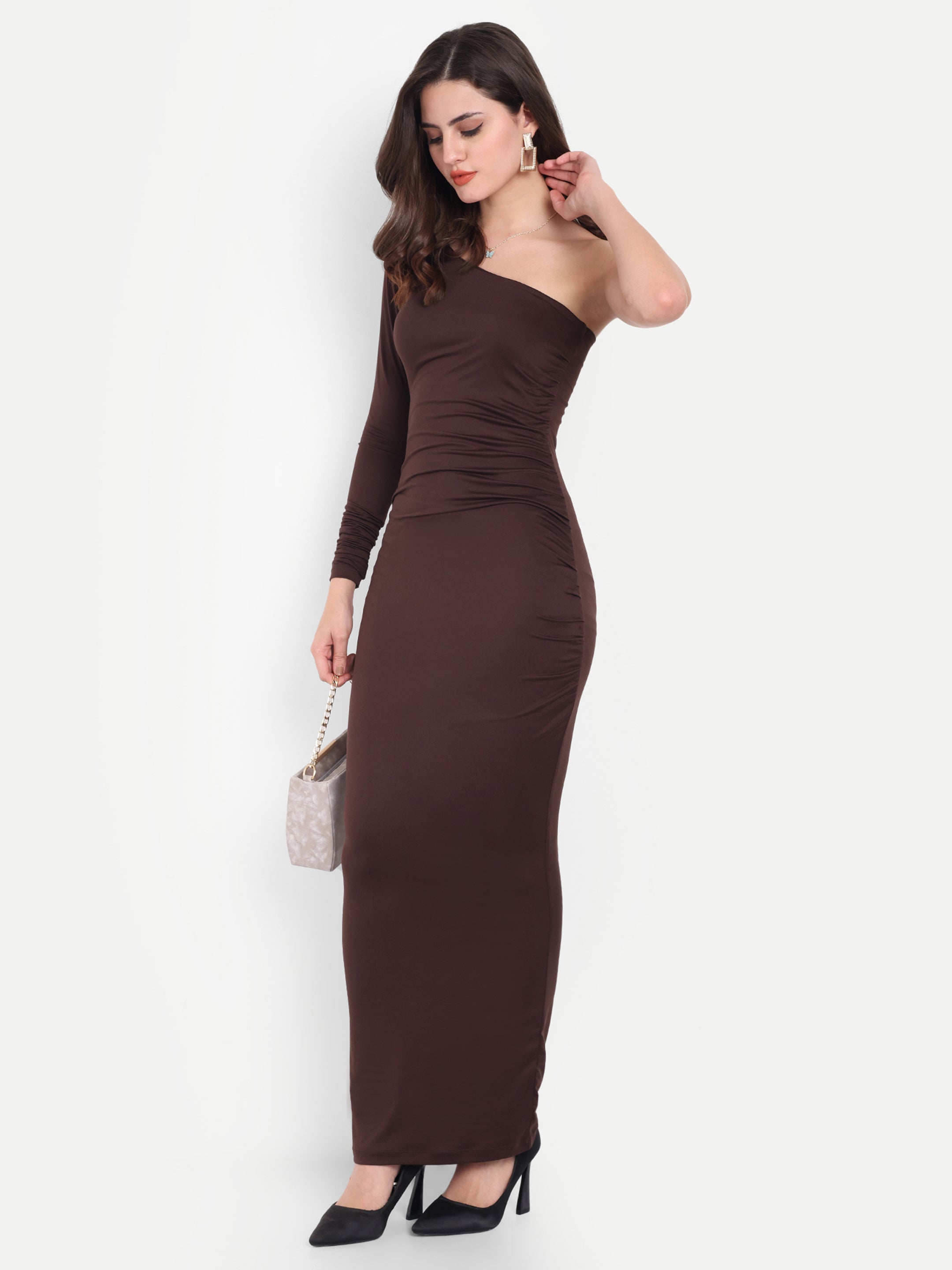One Shoulder Ruched Dress Brown