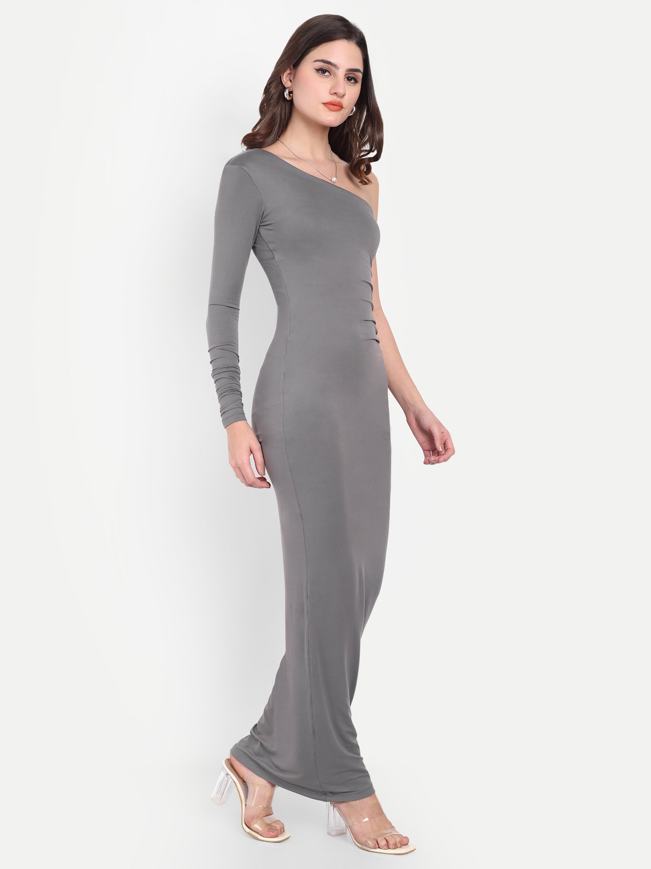 One Shoulder Ruched Dress Gray